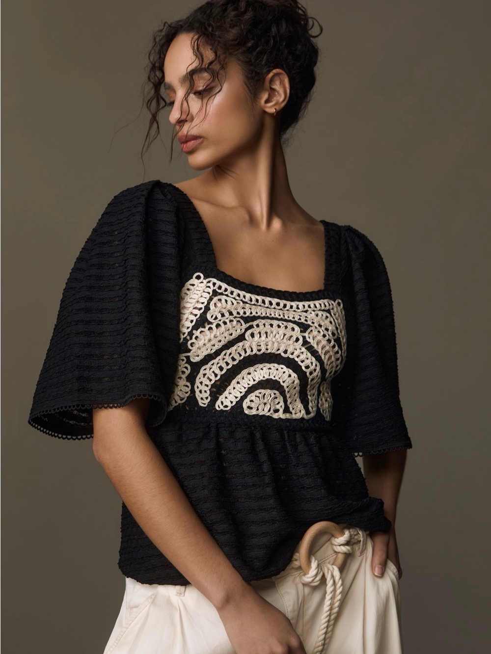 Anthropologie x Sarah Hann Black Flutter-Sleeve Crochet Top - size large